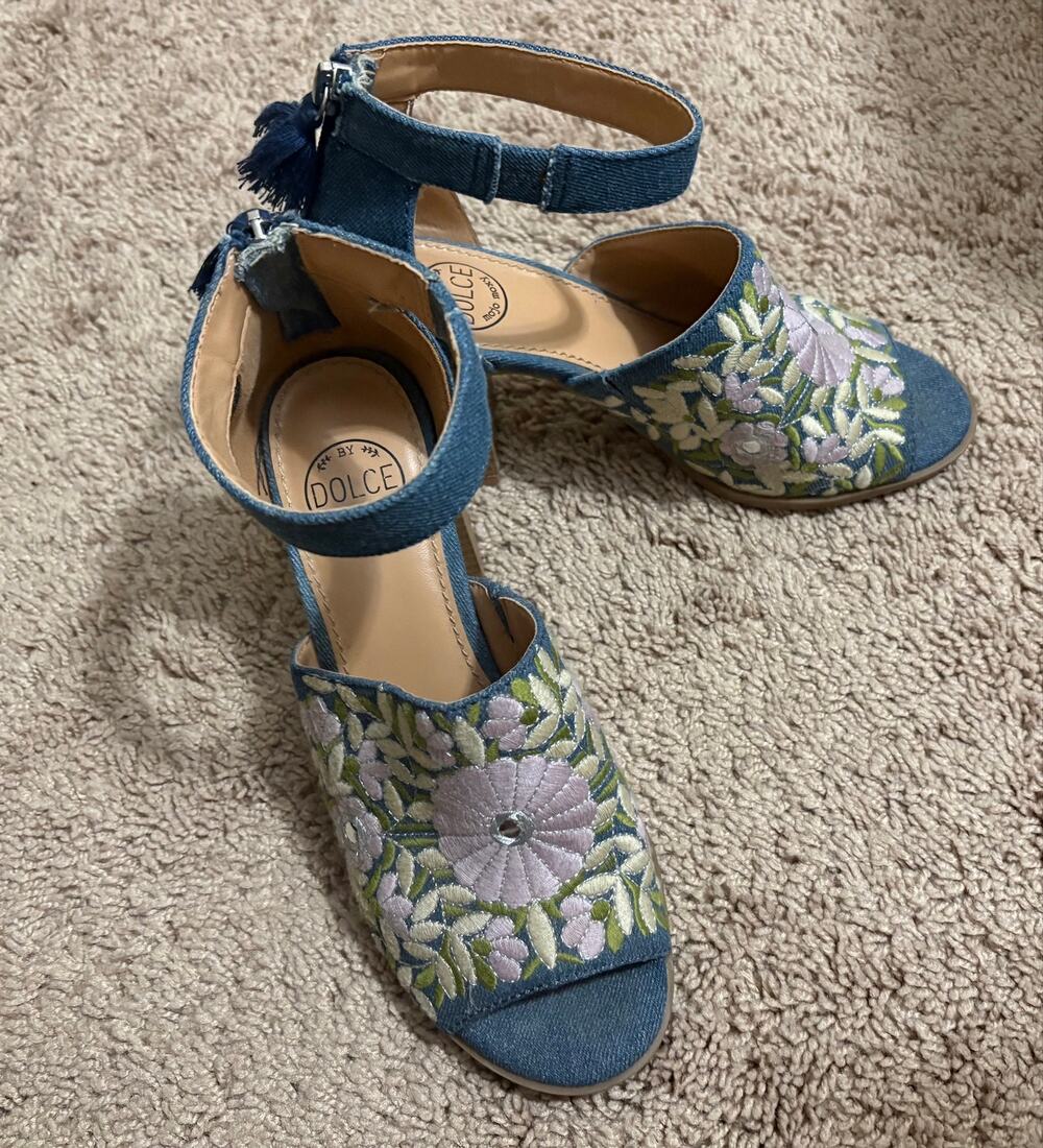 Dolce by Mojo Moxy Denim Floral Embroidered Heeled Sandals 6